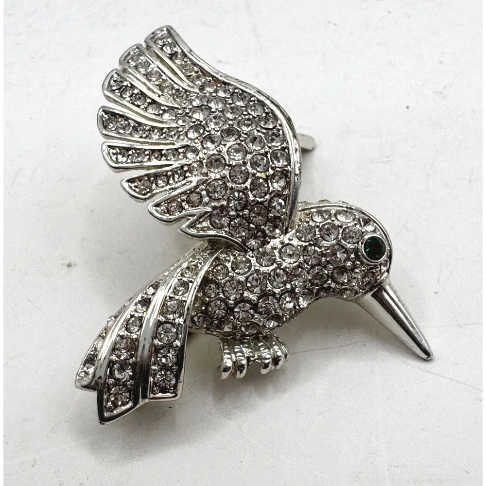 Hummingbird Brooch Pin Set 3pc Rhinestone Enamel Crystal Silver Gold Tone Bird